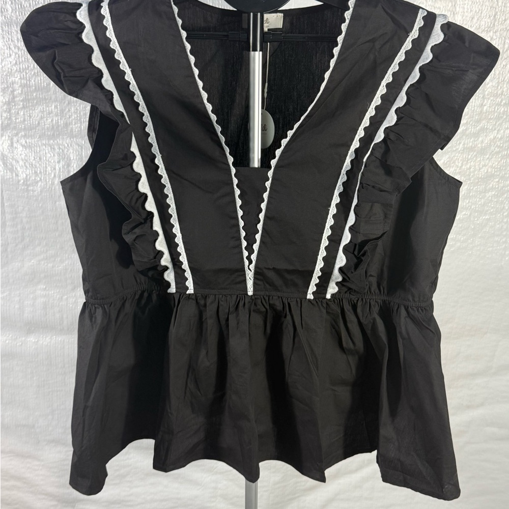 Black Ruffled V-Neck Top
